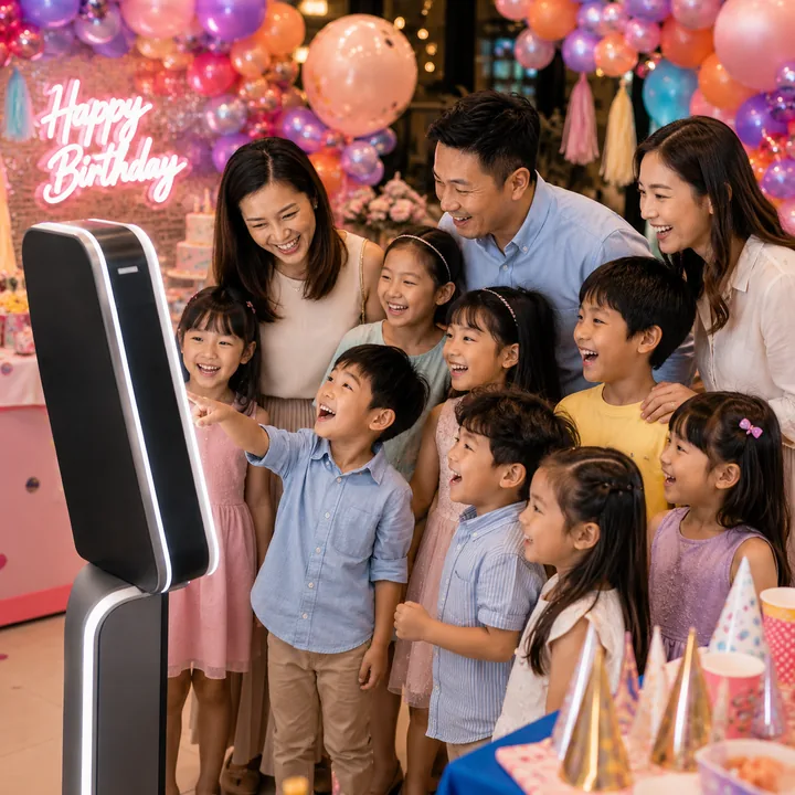 Children and family smiling around the Snapbooth at a birthday party