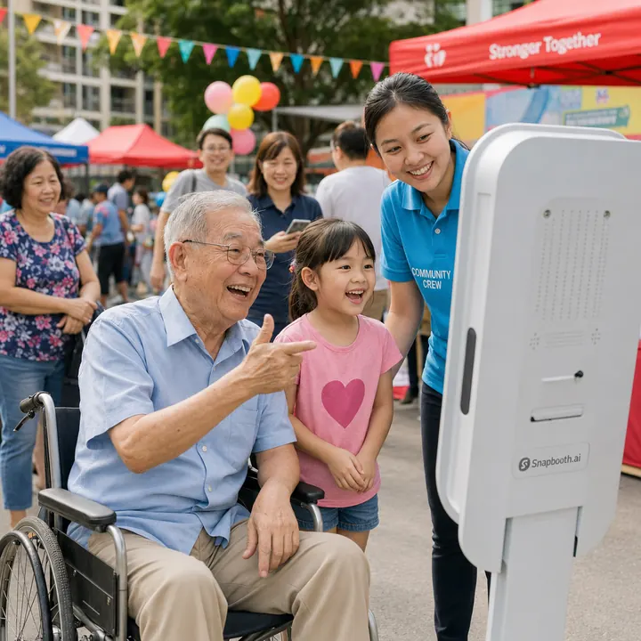 Elderly man and child enjoying the Snapbooth at a community event