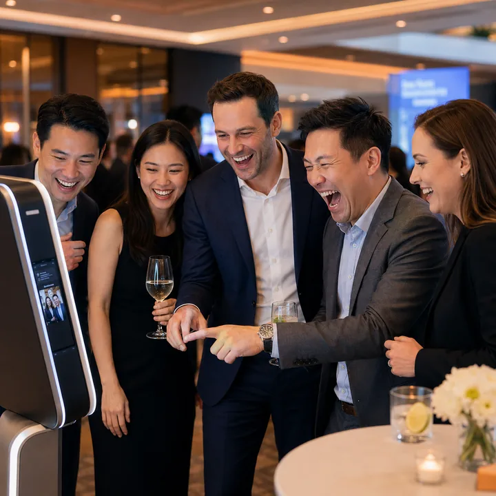 Corporate event guests using the Snapbooth at an indoor networking event