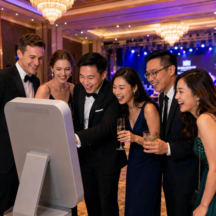 Guests dressed for a dinner and dance event enjoying the Snapbooth