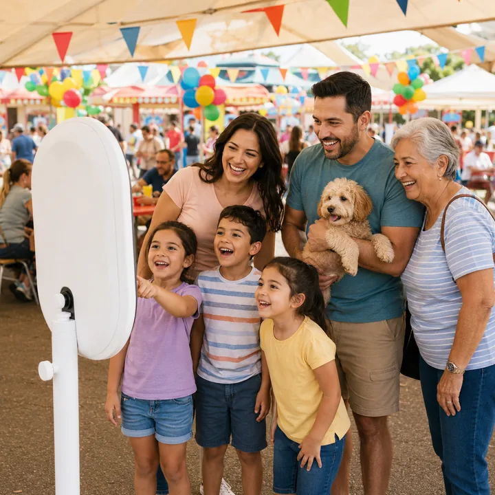 Family day crowd gathered around the Snapbooth outdoors