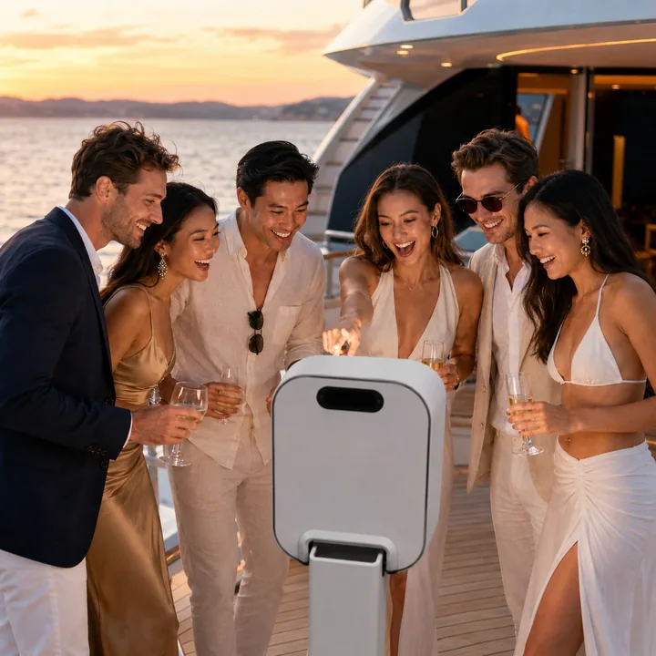 Stylish guests enjoying the Snapbooth at a private yacht party at sunset