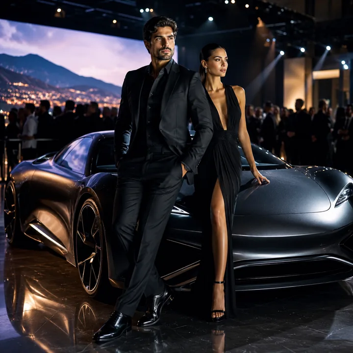 Product launch portrait scene with guests posing beside a luxury car