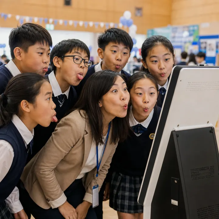 Teacher and students making silly faces at the Snapbooth