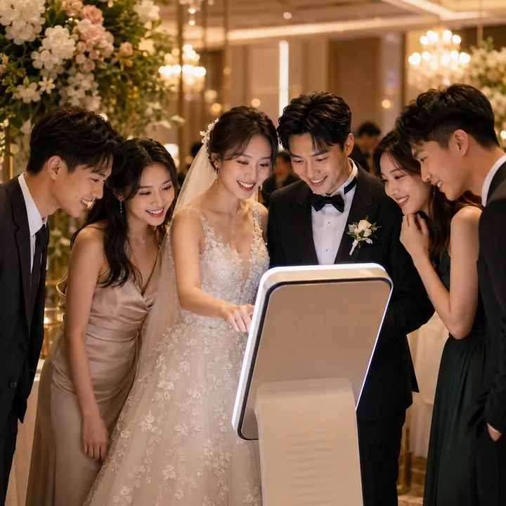 Wedding guests gathered around the Snapbooth kiosk at a reception